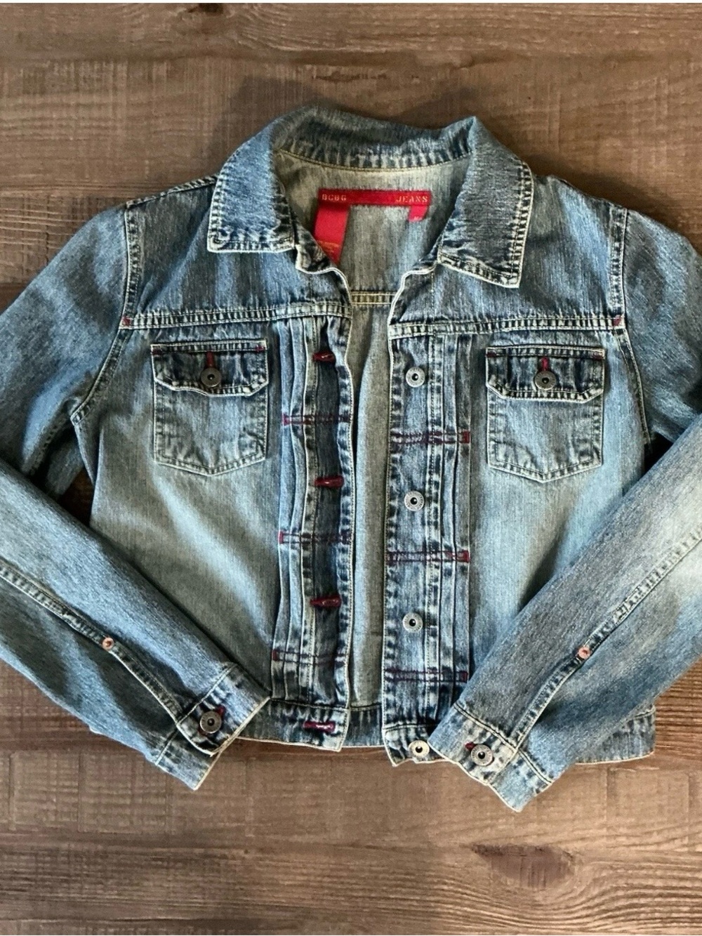 BCBG Maxazria Y2K Jean Jacket Red Stitching Light Wash Light Weight